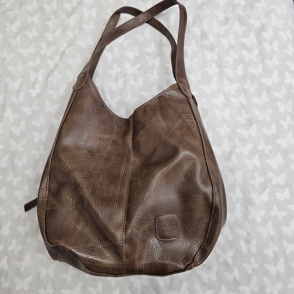 Jingpin Piju Brown Vegan Leather Patchwork Slouchy Hobo Shoulder Bag Boho Y2K